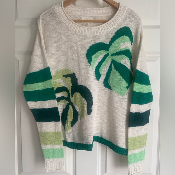 Lou & Grey Sweaters - LOFT Lou & Grey Palm Leaf Sweater Size S Cotton Blend Casual Summer White Green